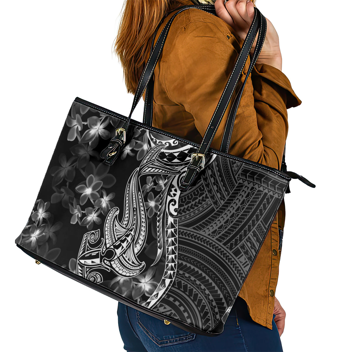 Black Polynesia Leather Tote Bag Shark Tattoo With Polynesian Plumeria LT14