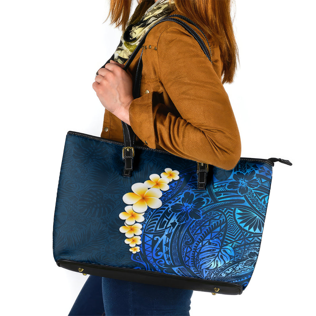 Blue Polynesia Leather Tote Bag Plumeria Tropical Leaves With Galaxy Polynesian Art LT14