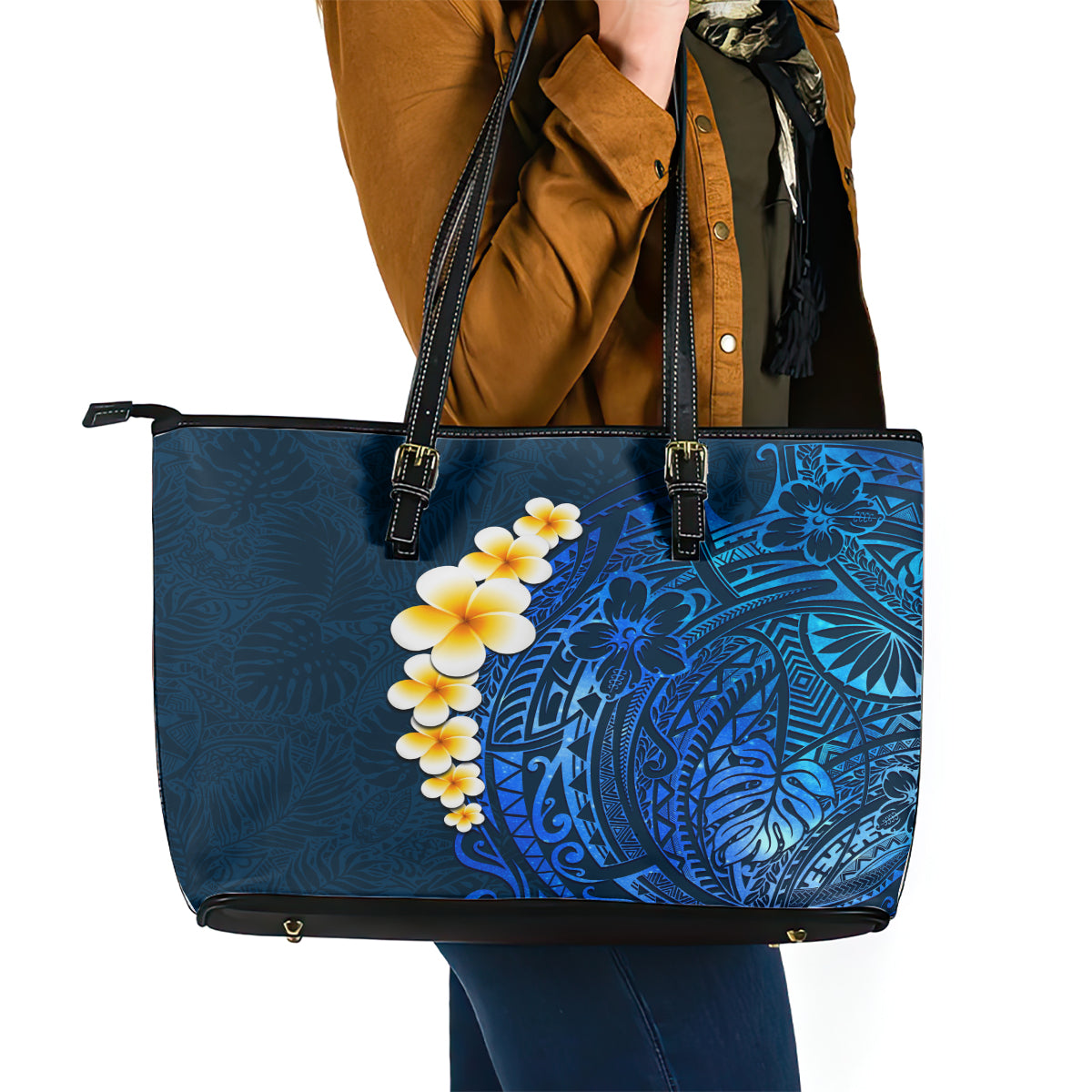 Blue Polynesia Leather Tote Bag Plumeria Tropical Leaves With Galaxy Polynesian Art LT14