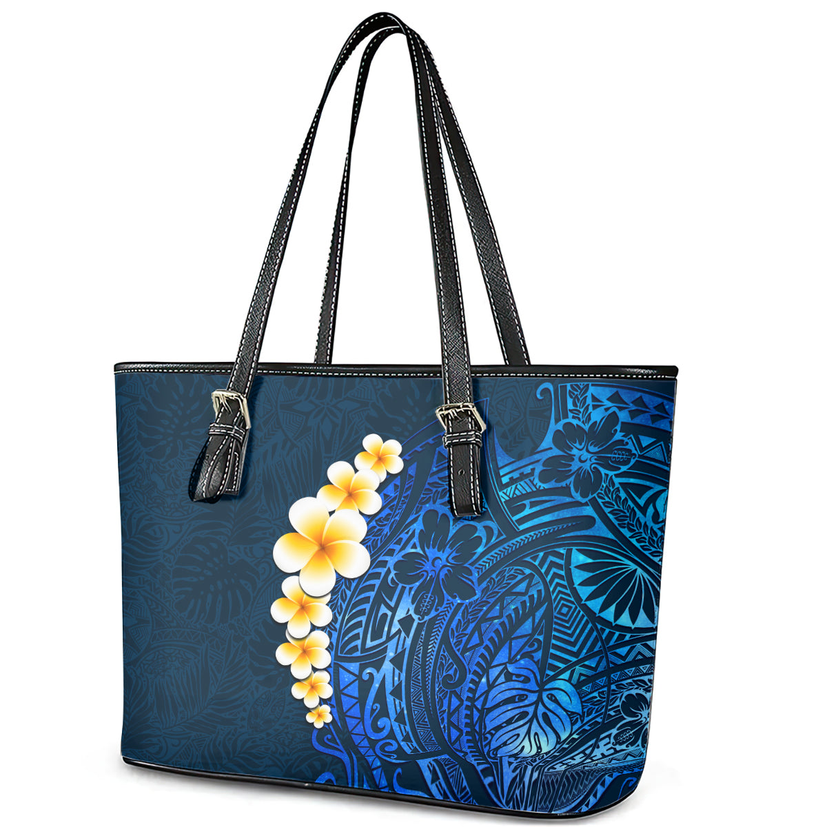 Blue Polynesia Leather Tote Bag Plumeria Tropical Leaves With Galaxy Polynesian Art LT14