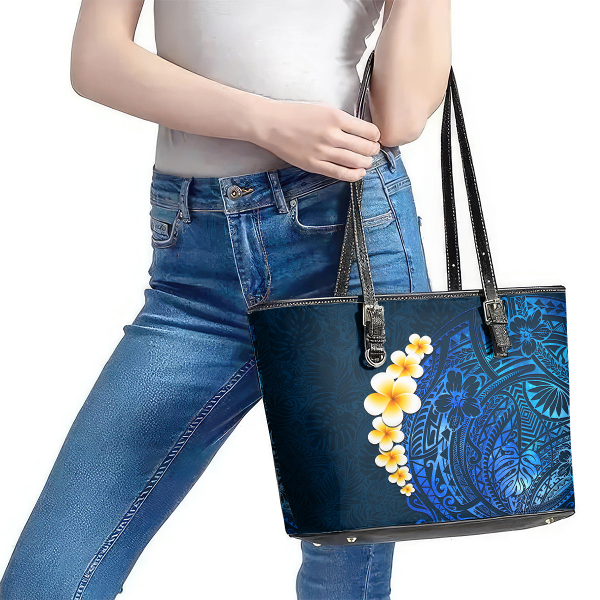 Blue Polynesia Leather Tote Bag Plumeria Tropical Leaves With Galaxy Polynesian Art LT14