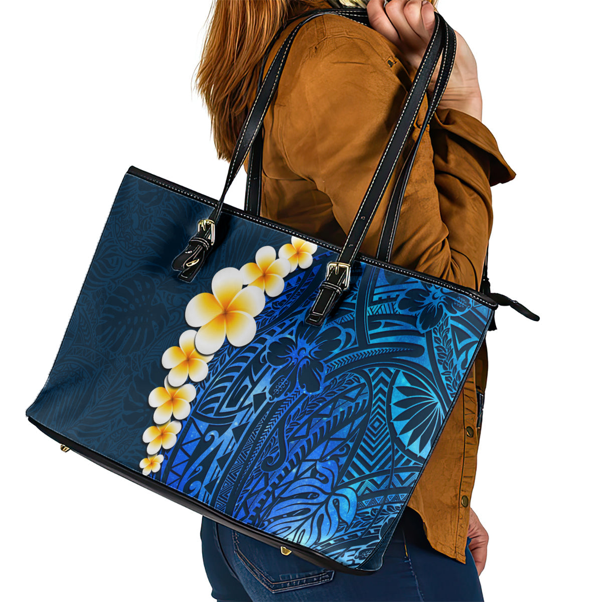 Blue Polynesia Leather Tote Bag Plumeria Tropical Leaves With Galaxy Polynesian Art LT14