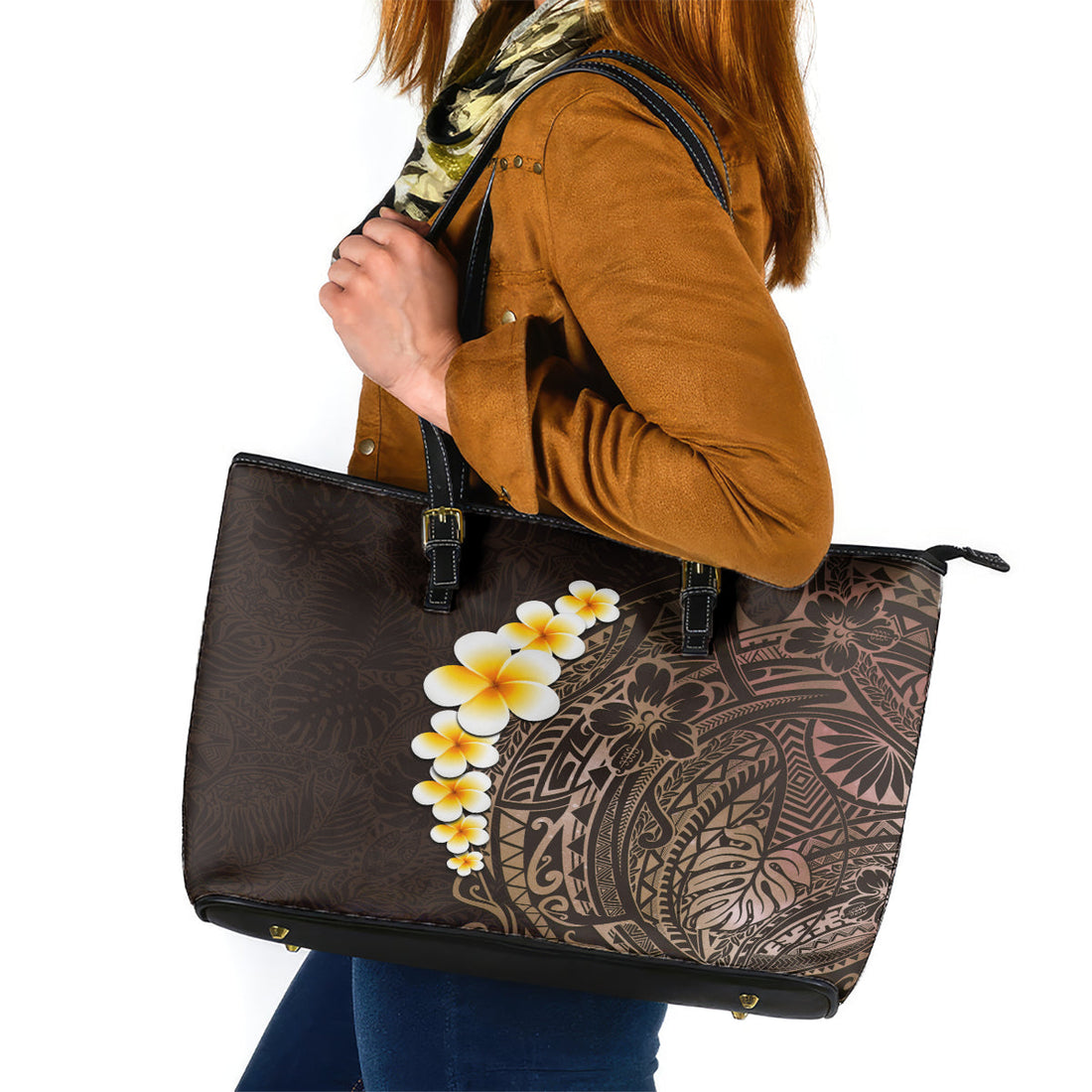 Brown Polynesia Leather Tote Bag Plumeria Tropical Leaves With Galaxy Polynesian Art LT14