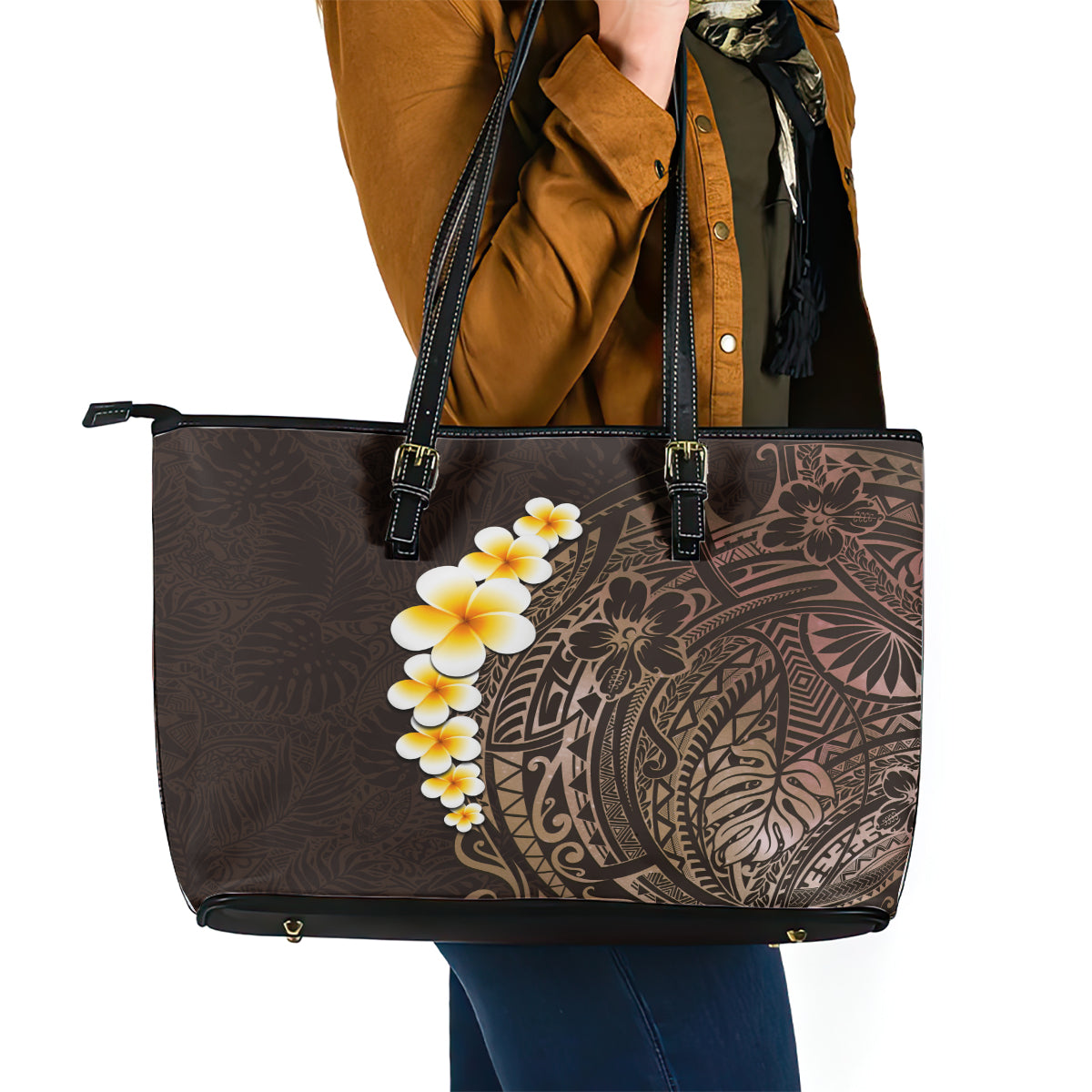 Brown Polynesia Leather Tote Bag Plumeria Tropical Leaves With Galaxy Polynesian Art LT14