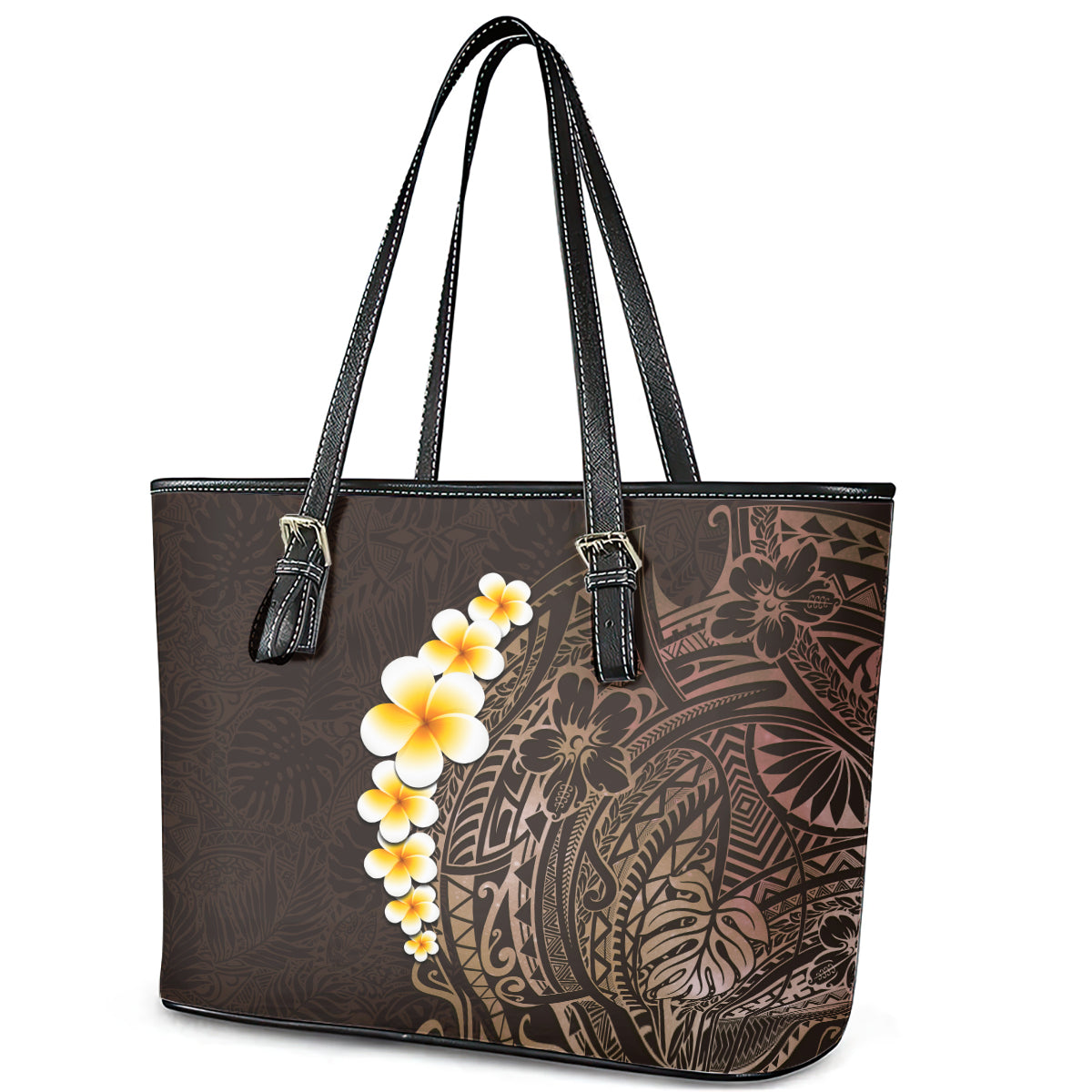 Brown Polynesia Leather Tote Bag Plumeria Tropical Leaves With Galaxy Polynesian Art LT14
