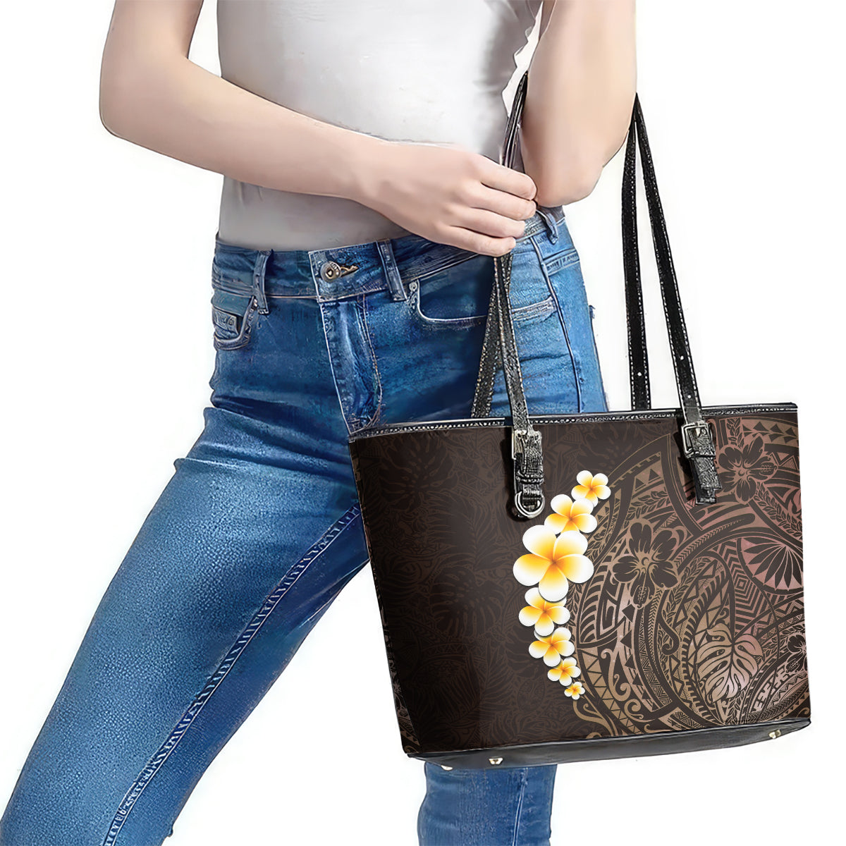 Brown Polynesia Leather Tote Bag Plumeria Tropical Leaves With Galaxy Polynesian Art LT14