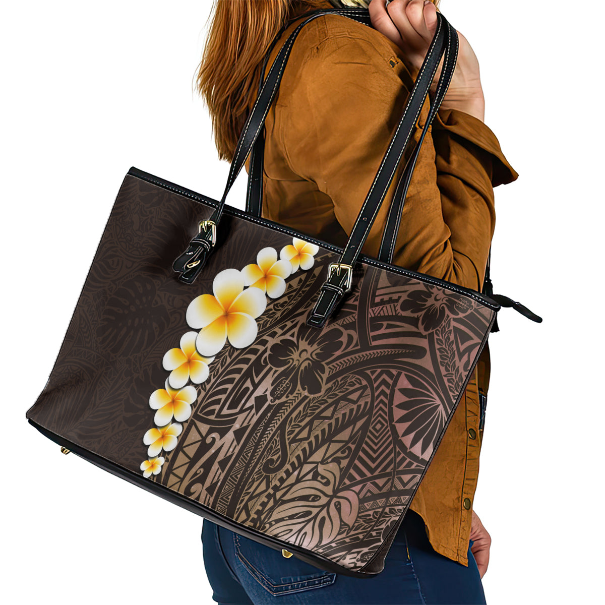 Brown Polynesia Leather Tote Bag Plumeria Tropical Leaves With Galaxy Polynesian Art LT14