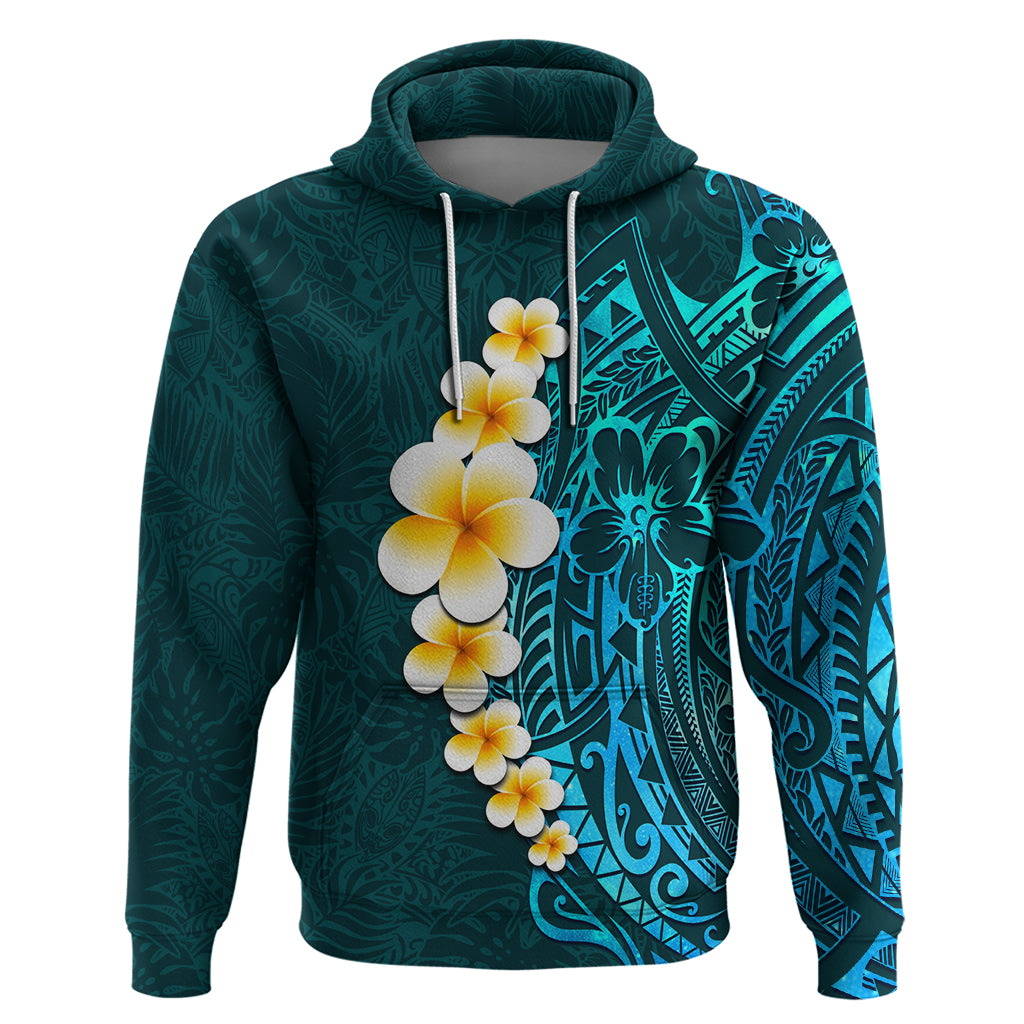 Turquosie Polynesia Hoodie Plumeria Tropical Leaves With Galaxy Polynesian Art LT14