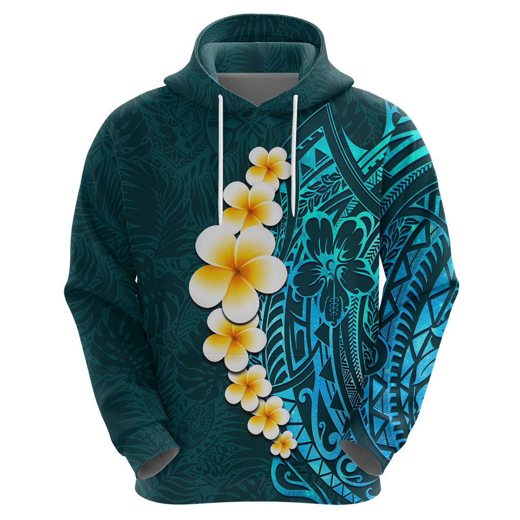 Turquosie Polynesia Hoodie Plumeria Tropical Leaves With Galaxy Polynesian Art LT14