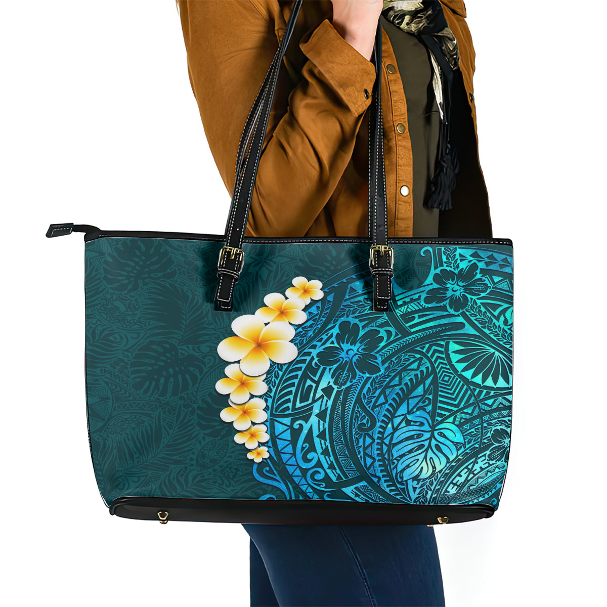 Turquosie Polynesia Leather Tote Bag Plumeria Tropical Leaves With Galaxy Polynesian Art LT14