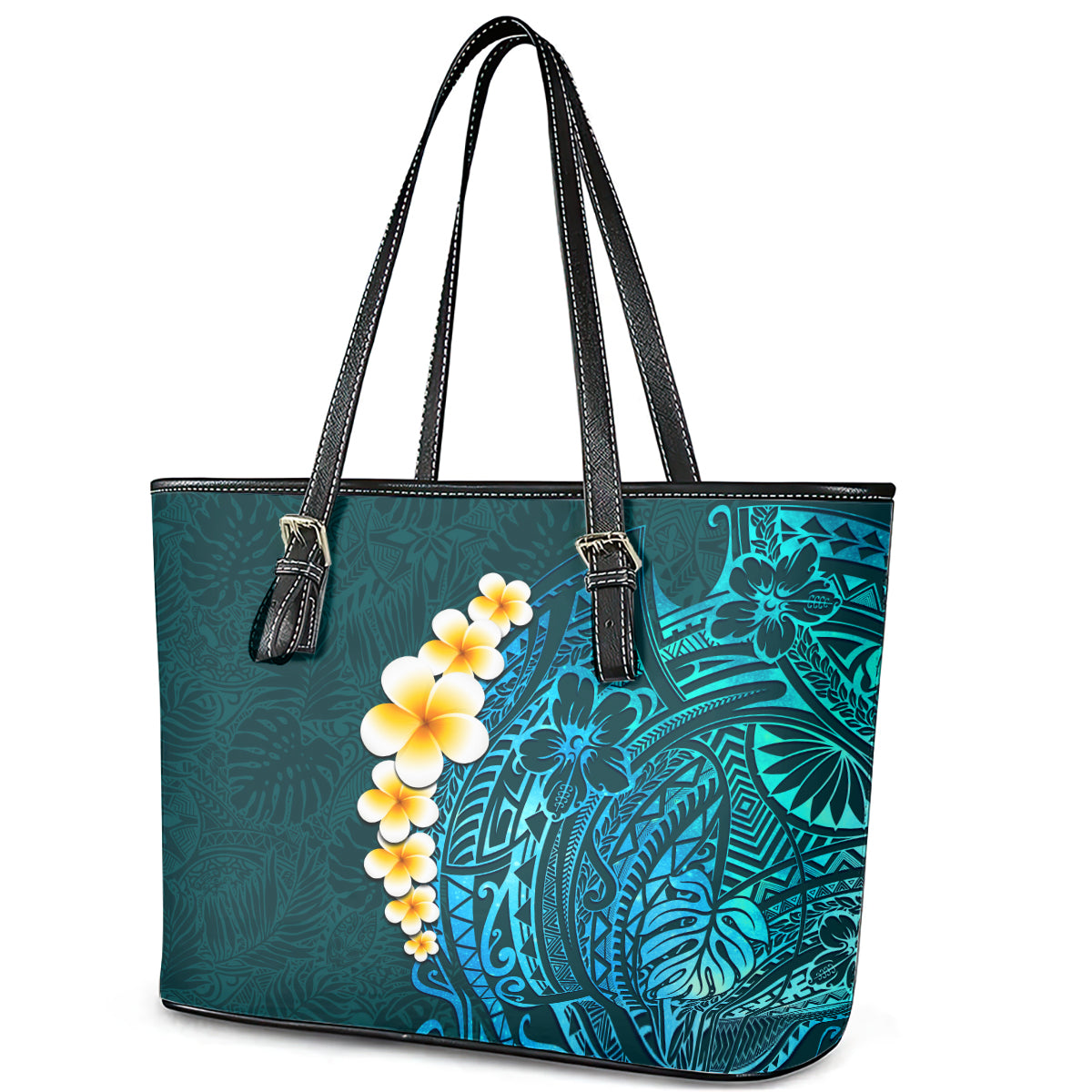 Turquosie Polynesia Leather Tote Bag Plumeria Tropical Leaves With Galaxy Polynesian Art LT14