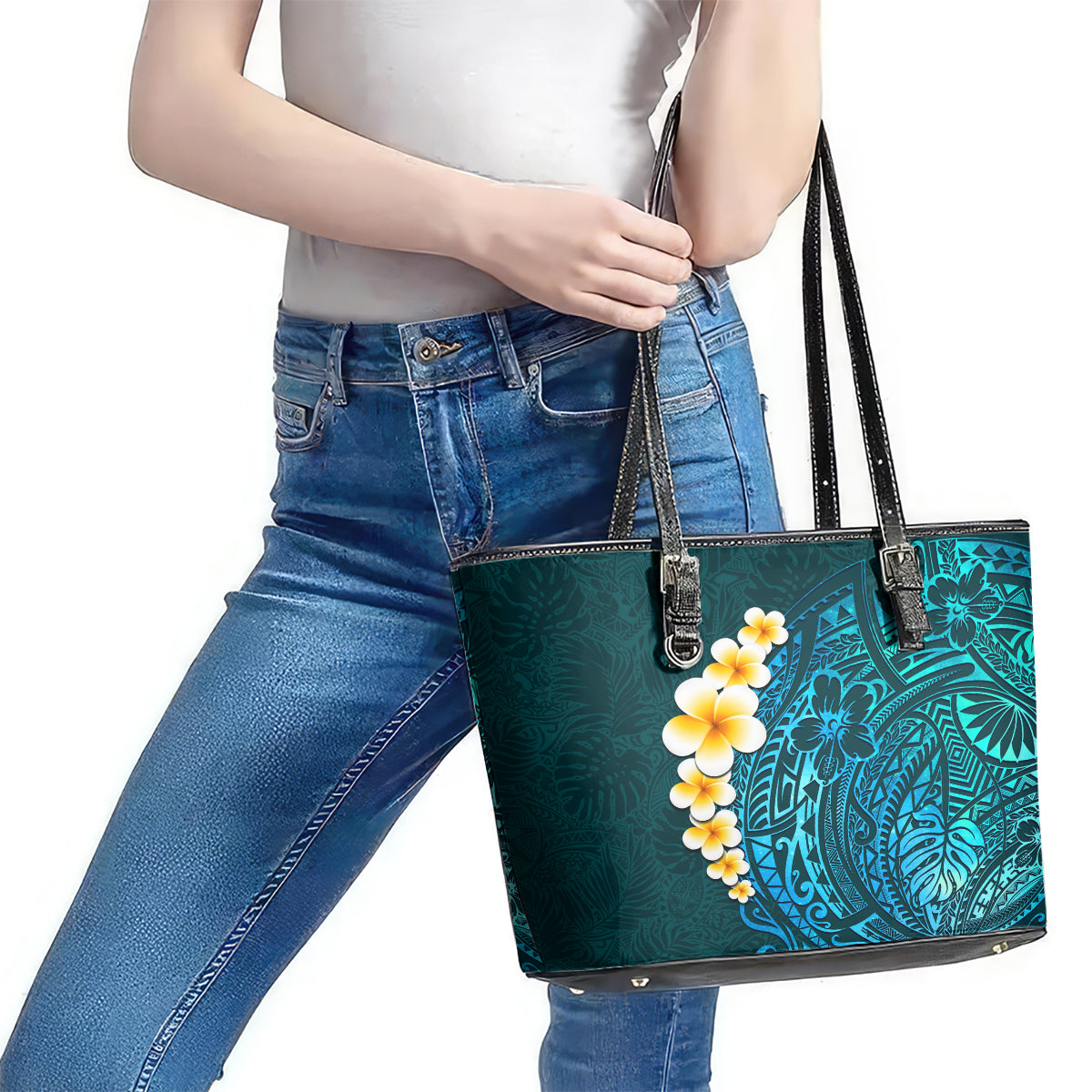 Turquosie Polynesia Leather Tote Bag Plumeria Tropical Leaves With Galaxy Polynesian Art LT14
