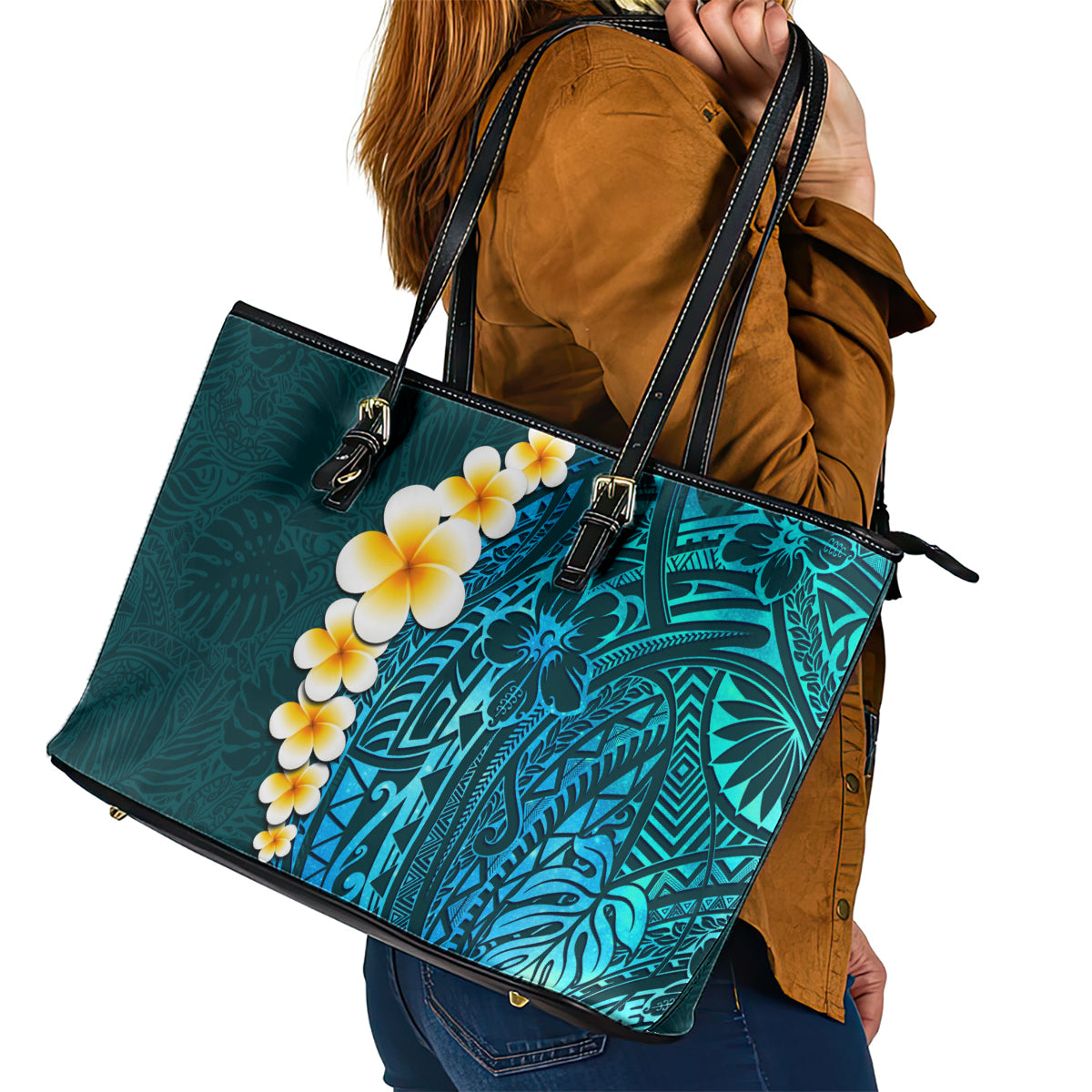 Turquosie Polynesia Leather Tote Bag Plumeria Tropical Leaves With Galaxy Polynesian Art LT14