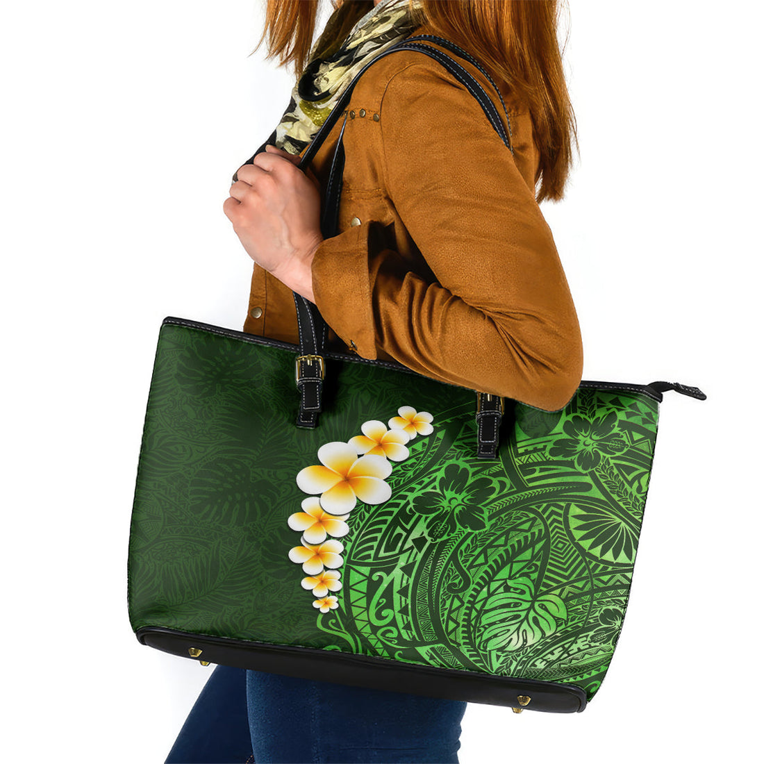 Green Polynesia Leather Tote Bag Plumeria Tropical Leaves With Galaxy Polynesian Art LT14