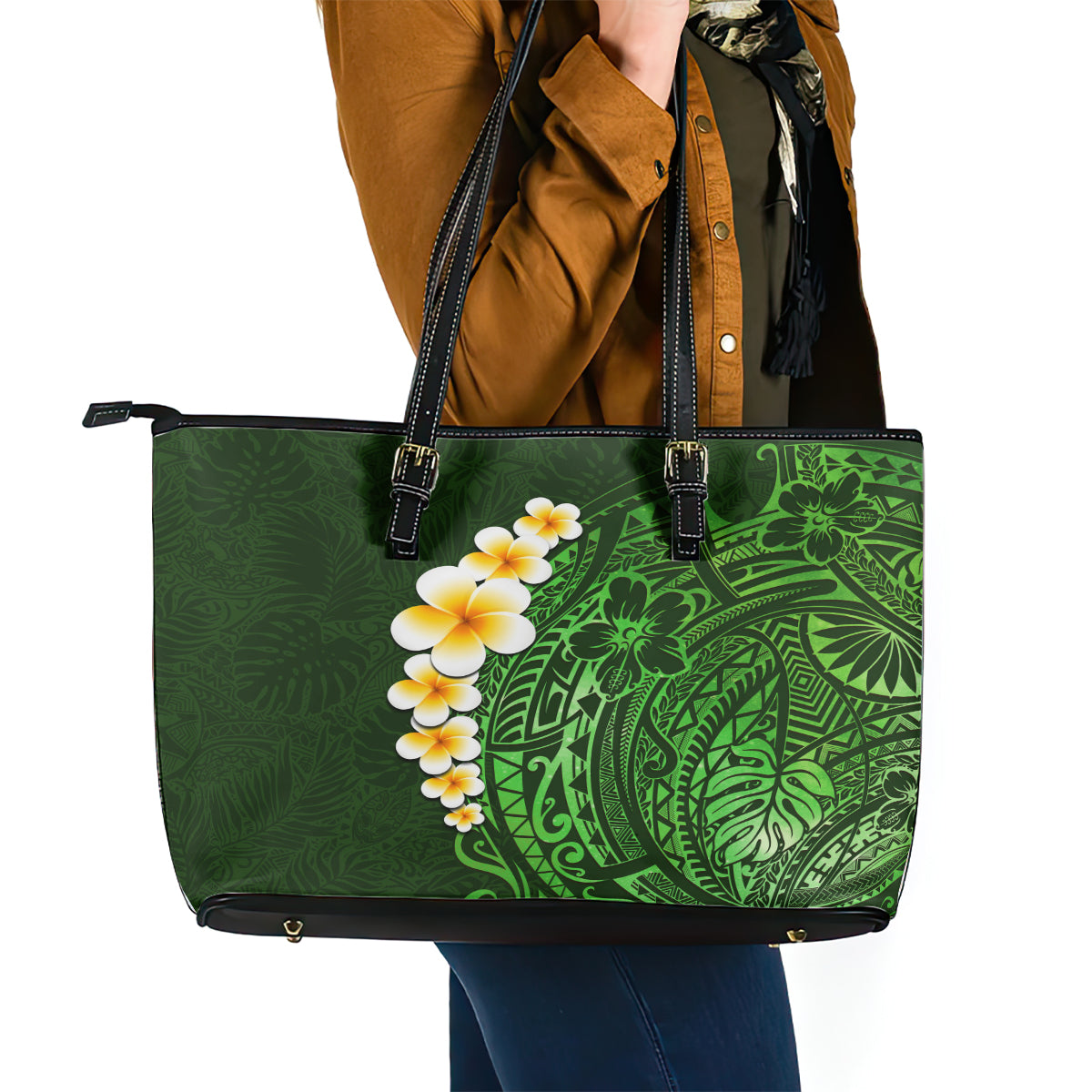 Green Polynesia Leather Tote Bag Plumeria Tropical Leaves With Galaxy Polynesian Art LT14