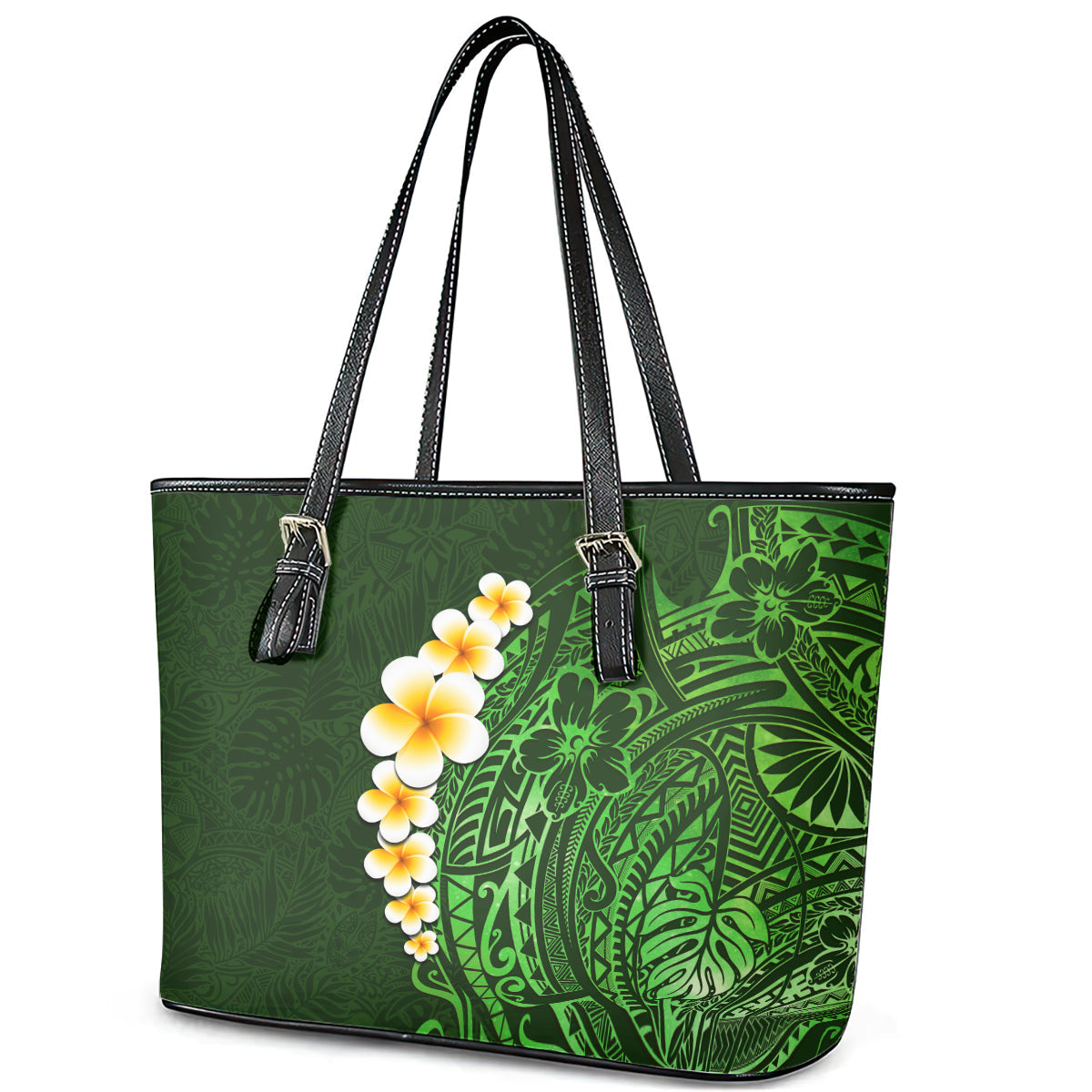 Green Polynesia Leather Tote Bag Plumeria Tropical Leaves With Galaxy Polynesian Art LT14