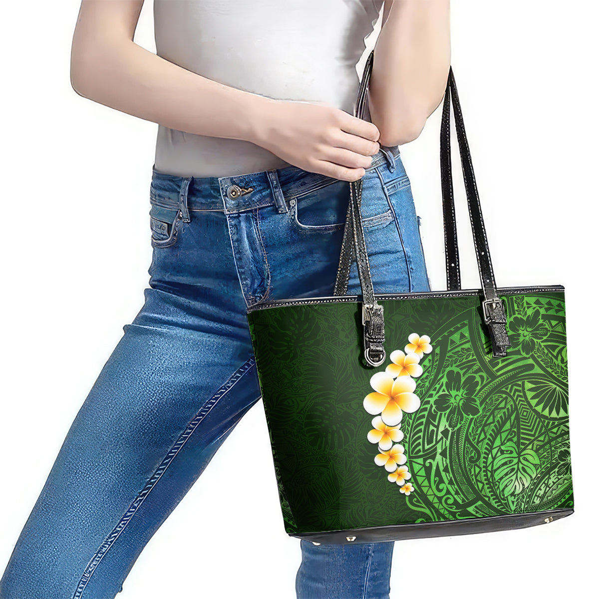 Green Polynesia Leather Tote Bag Plumeria Tropical Leaves With Galaxy Polynesian Art LT14