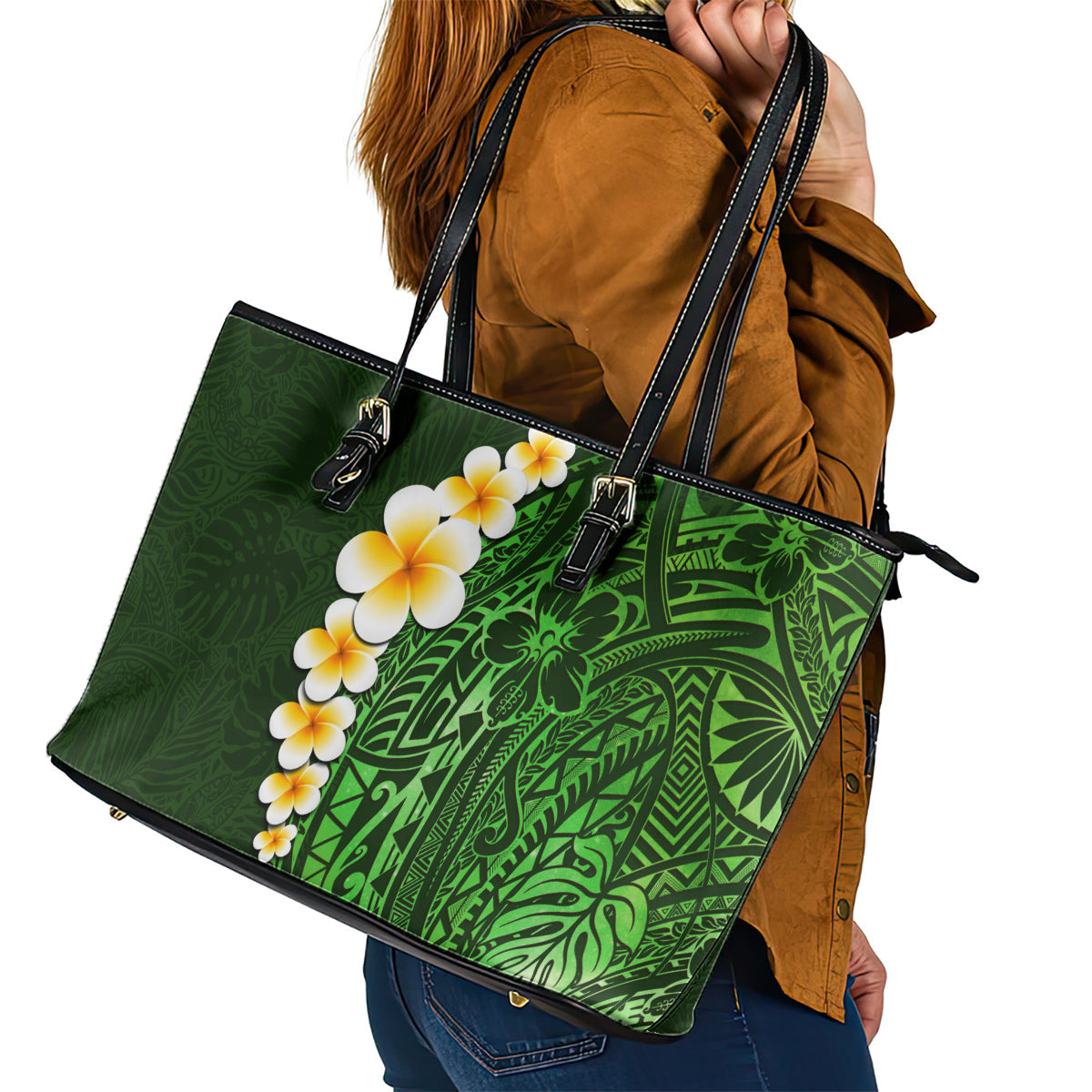 Green Polynesia Leather Tote Bag Plumeria Tropical Leaves With Galaxy Polynesian Art LT14