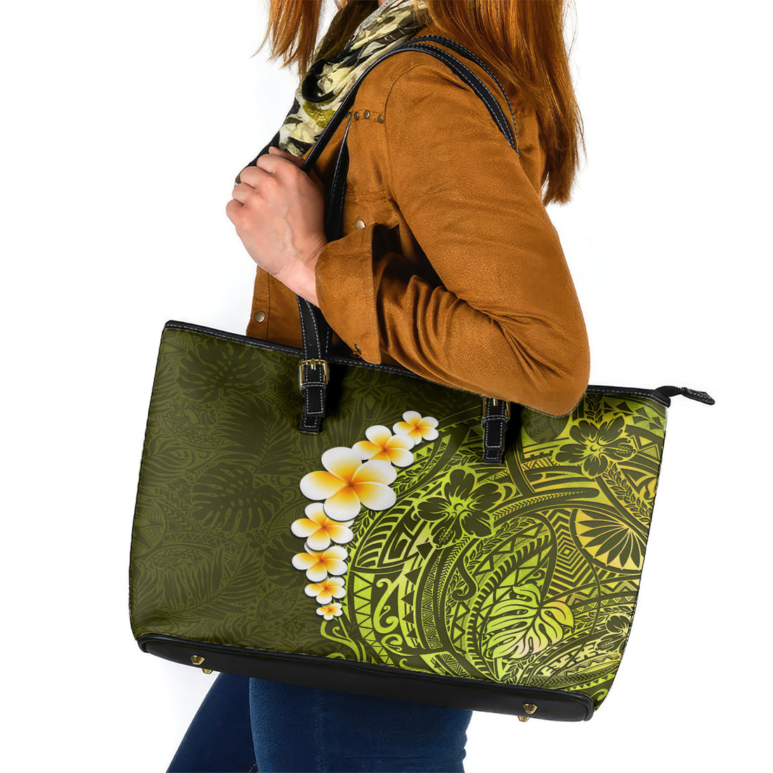 Lime Green Tropical Plumeria With Galaxy Polynesian Art Leather Tote Bag LT14