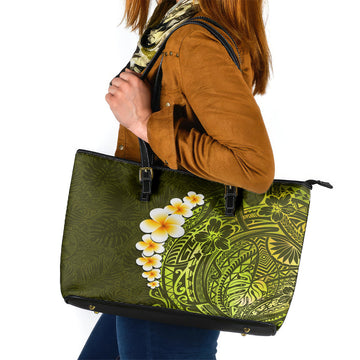 Lime Green Tropical Plumeria With Galaxy Polynesian Art Leather Tote Bag LT14