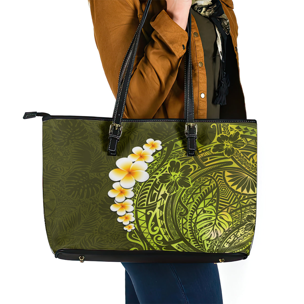 Lime Green Tropical Plumeria With Galaxy Polynesian Art Leather Tote Bag LT14