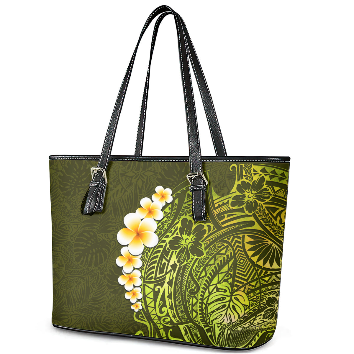 Lime Green Tropical Plumeria With Galaxy Polynesian Art Leather Tote Bag LT14