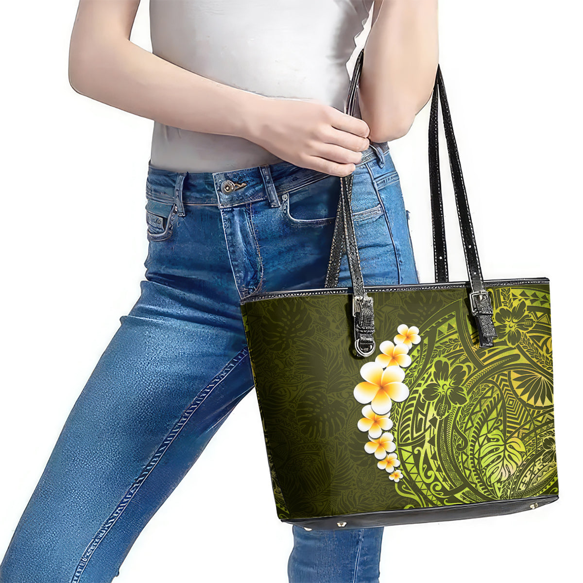 Lime Green Tropical Plumeria With Galaxy Polynesian Art Leather Tote Bag LT14