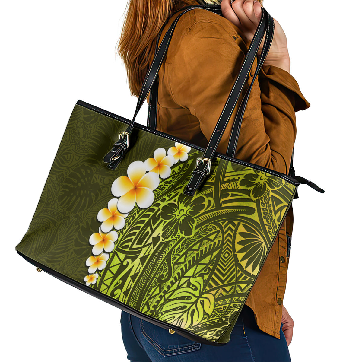 Lime Green Tropical Plumeria With Galaxy Polynesian Art Leather Tote Bag LT14