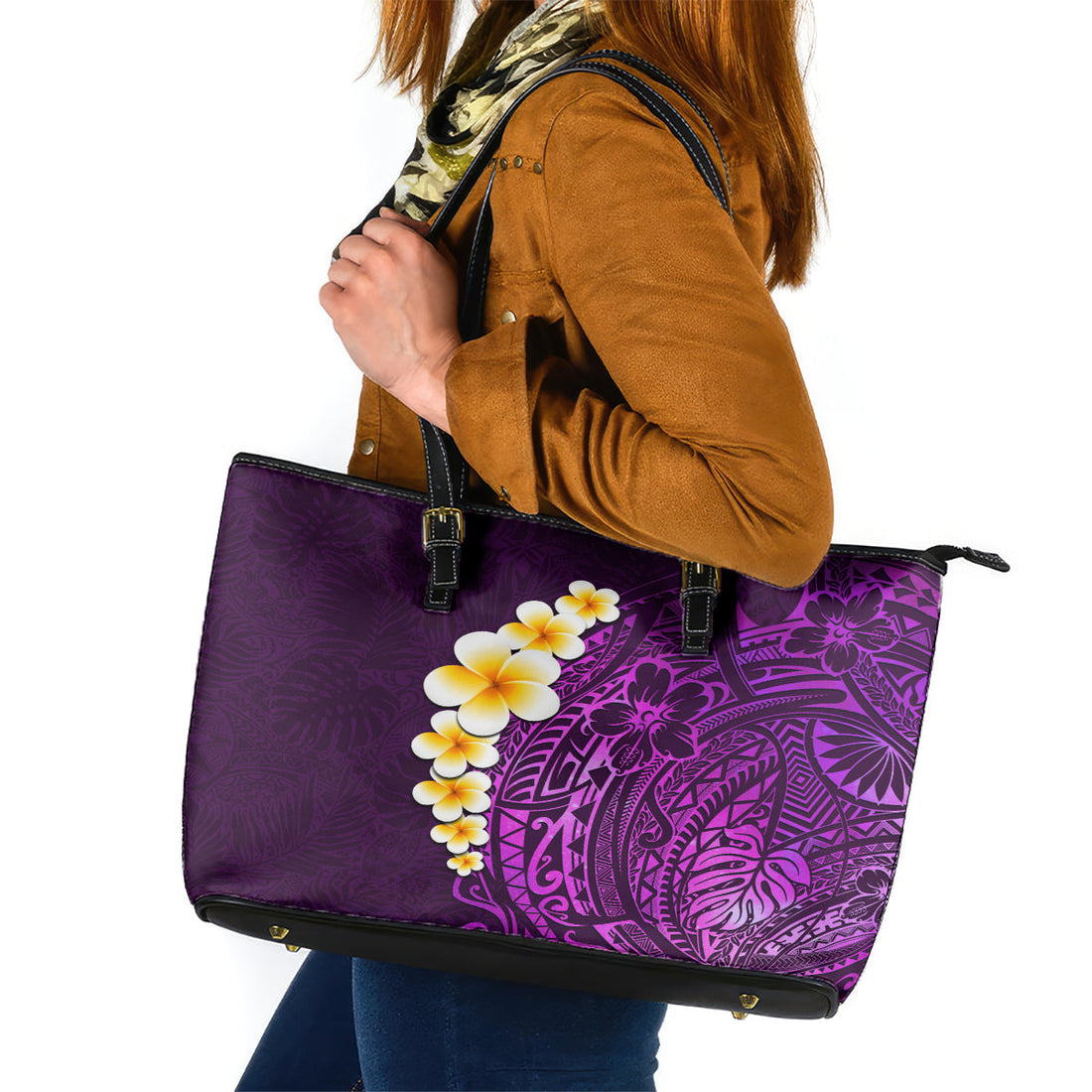 Purple Tropical Plumeria With Galaxy Polynesian Art Leather Tote Bag LT14