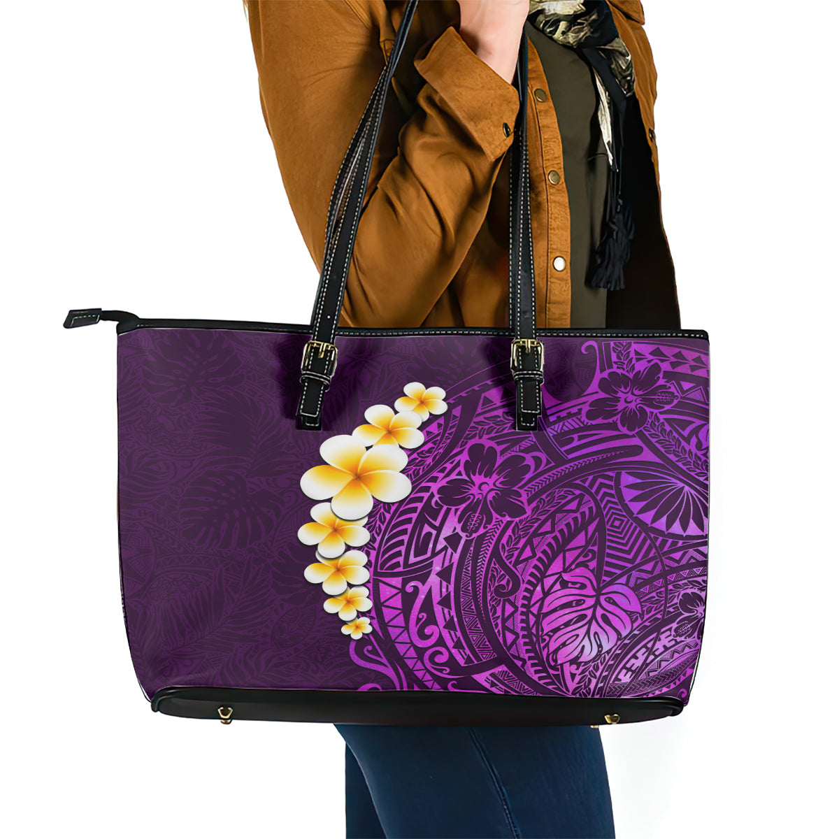 Purple Tropical Plumeria With Galaxy Polynesian Art Leather Tote Bag LT14