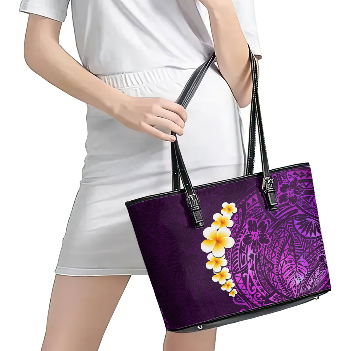 Purple Tropical Plumeria With Galaxy Polynesian Art Leather Tote Bag LT14