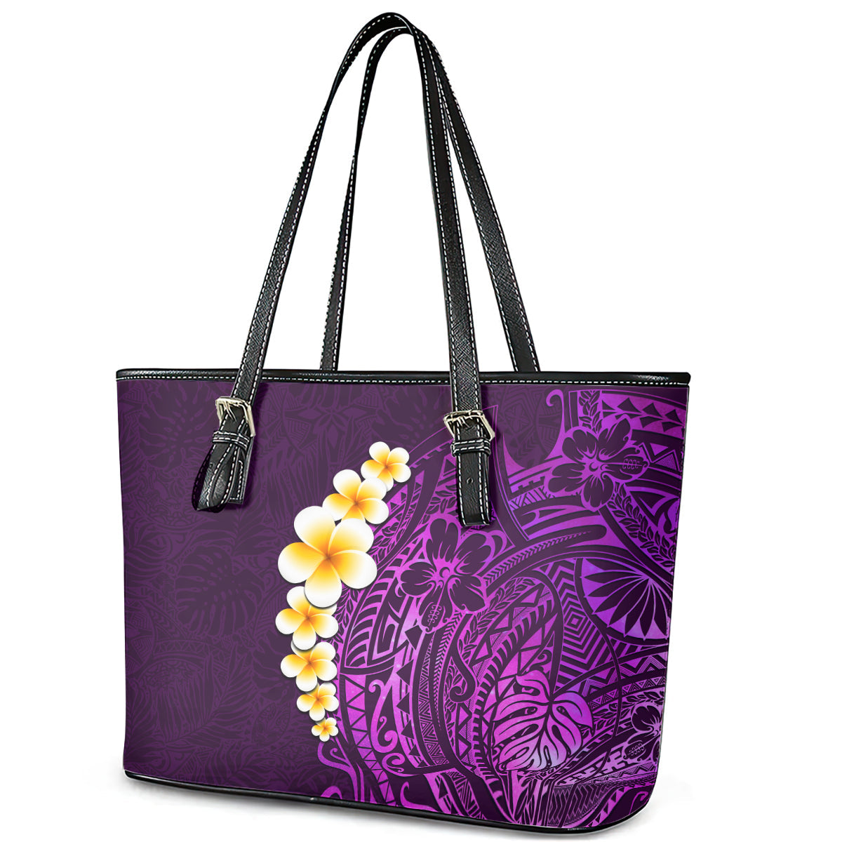 Purple Tropical Plumeria With Galaxy Polynesian Art Leather Tote Bag LT14