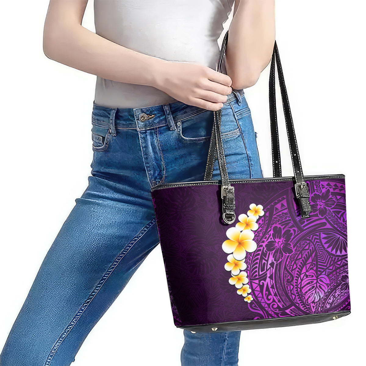 Purple Tropical Plumeria With Galaxy Polynesian Art Leather Tote Bag LT14