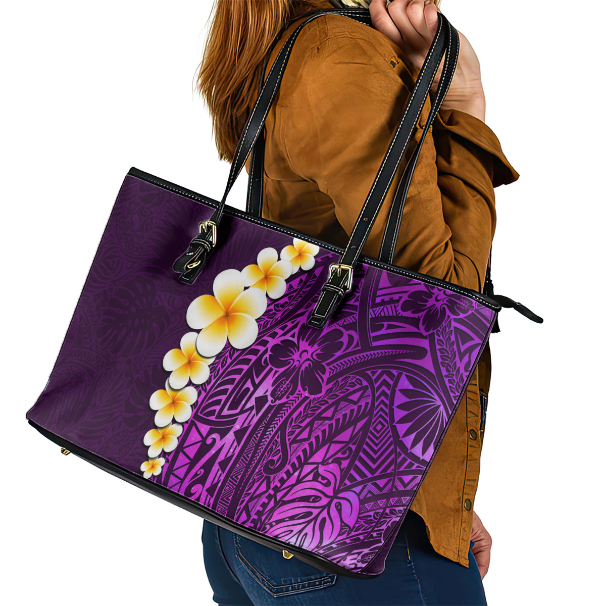 Purple Tropical Plumeria With Galaxy Polynesian Art Leather Tote Bag LT14