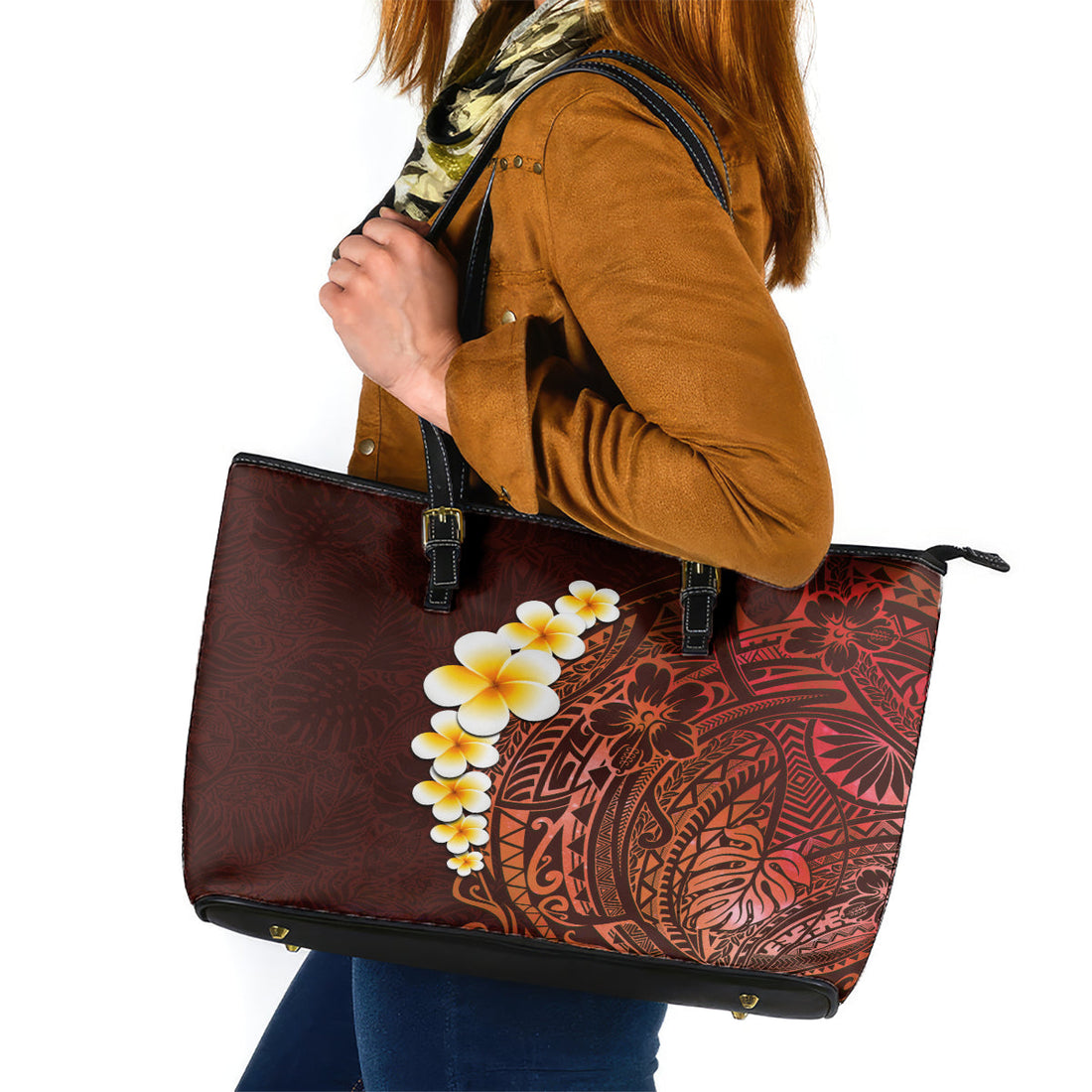 Red Tropical Plumeria With Galaxy Polynesian Art Leather Tote Bag LT14