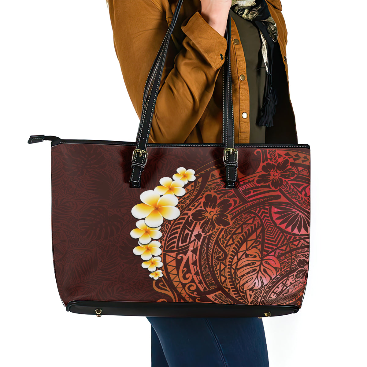 Red Tropical Plumeria With Galaxy Polynesian Art Leather Tote Bag LT14