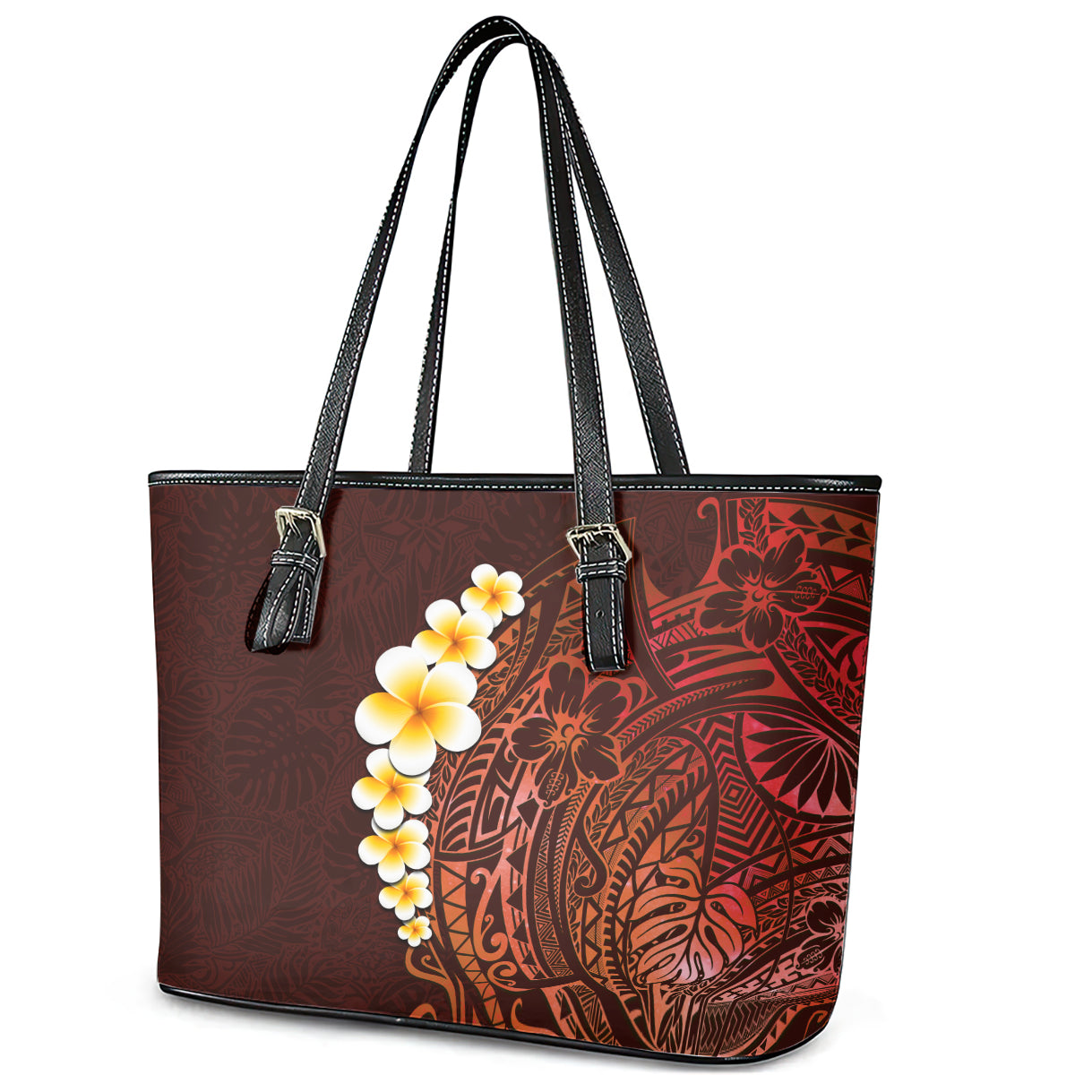 Red Tropical Plumeria With Galaxy Polynesian Art Leather Tote Bag LT14