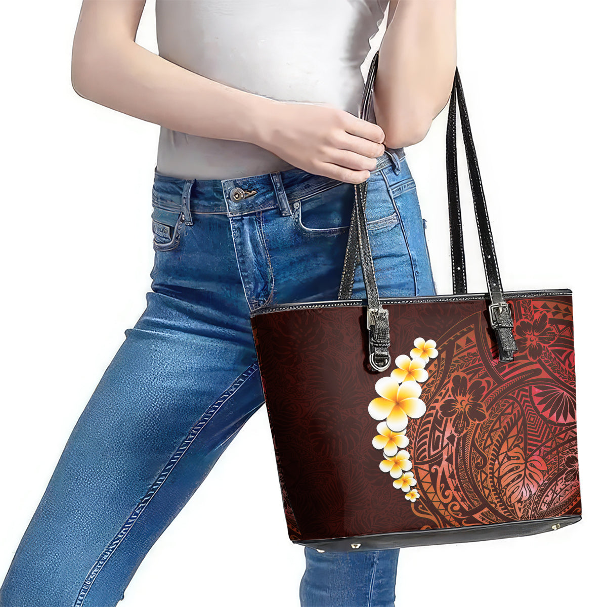 Red Tropical Plumeria With Galaxy Polynesian Art Leather Tote Bag LT14