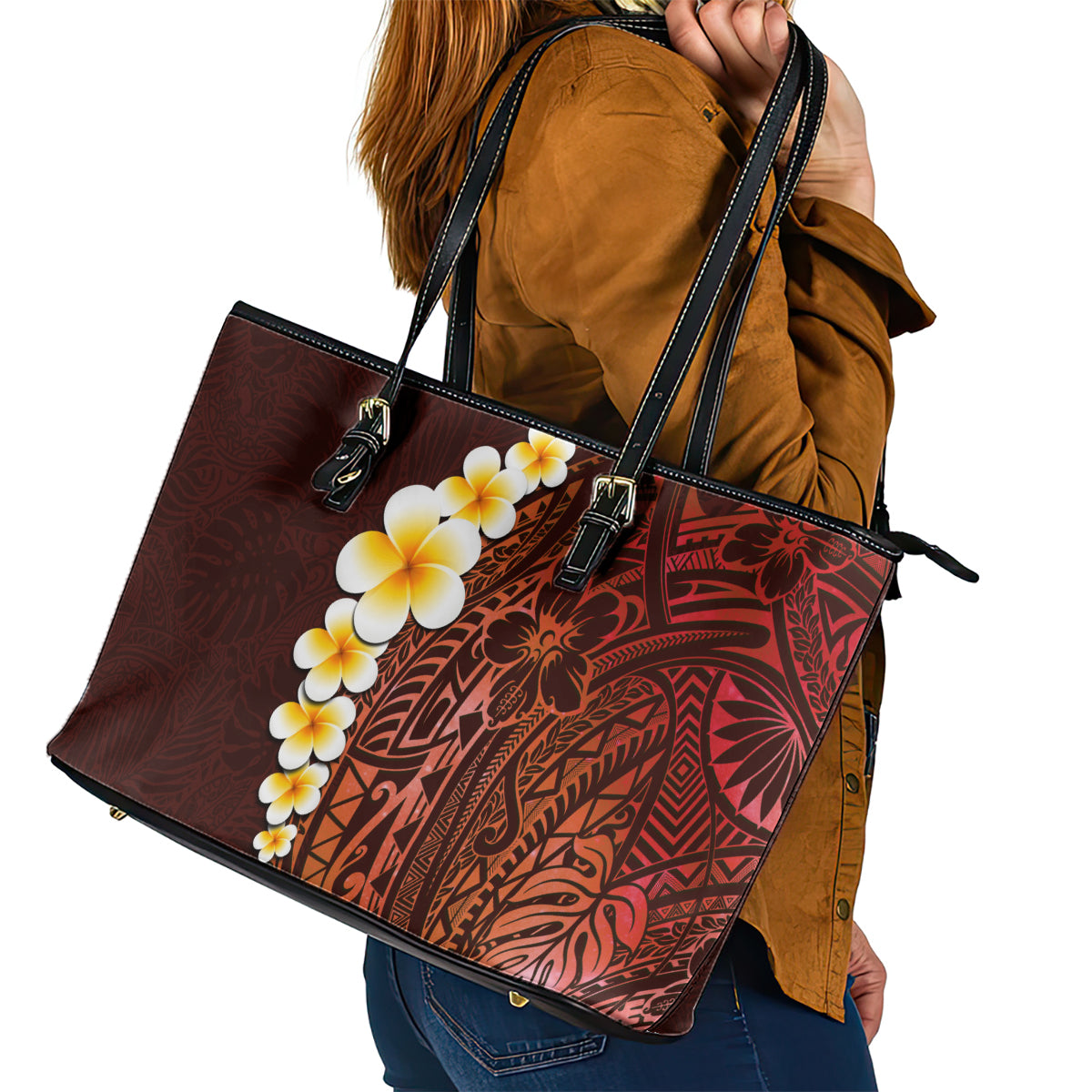 Red Tropical Plumeria With Galaxy Polynesian Art Leather Tote Bag LT14