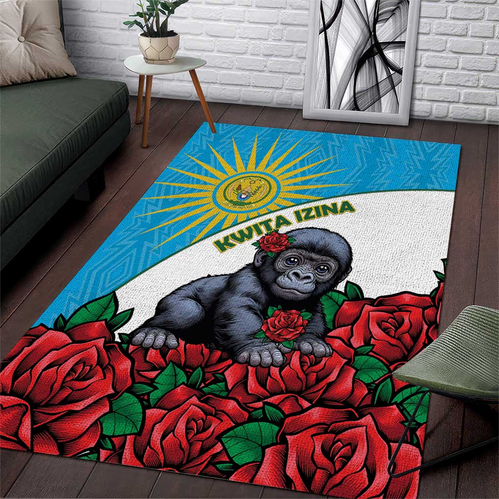 Rwandas Gorilla Naming Area Rug Baby Gorilla Coat Of Arms With Red Rose LT15