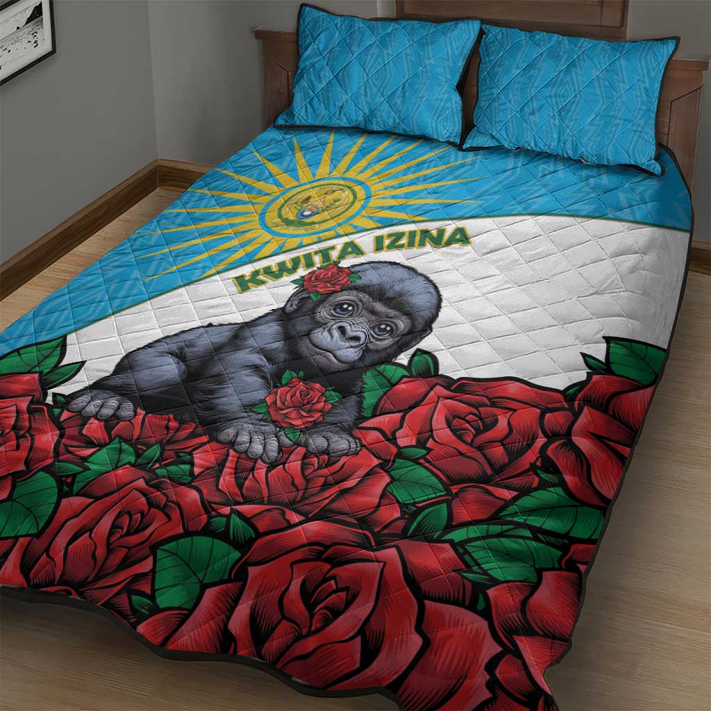 Rwandas Gorilla Naming Quilt Bed Set Baby Gorilla Coat Of Arms With Red Rose LT15