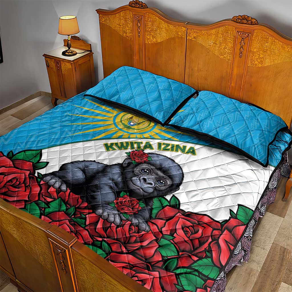 Rwandas Gorilla Naming Quilt Bed Set Baby Gorilla Coat Of Arms With Red Rose LT15