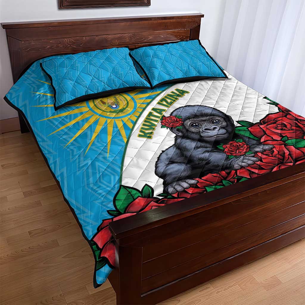 Rwandas Gorilla Naming Quilt Bed Set Baby Gorilla Coat Of Arms With Red Rose LT15