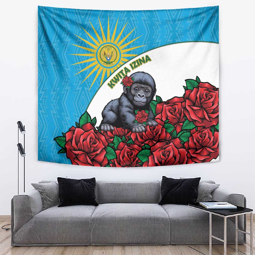 Rwandas Gorilla Naming Tapestry Baby Gorilla Coat Of Arms With Red Rose LT15