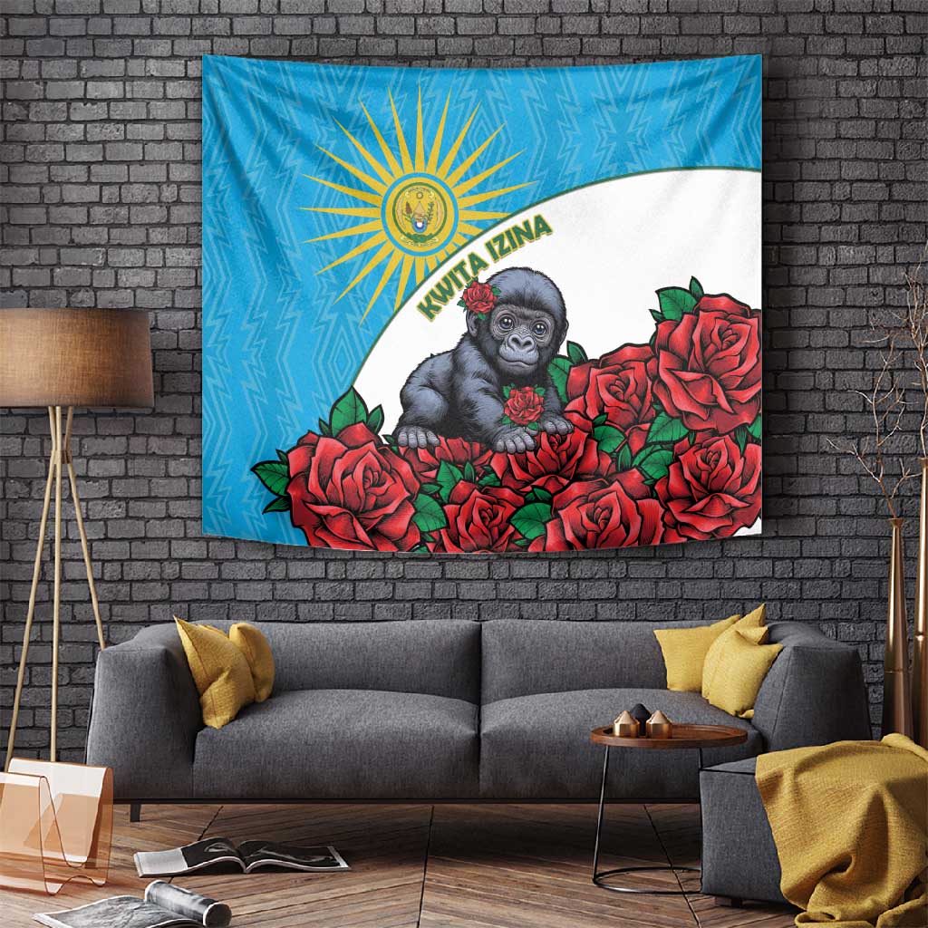Rwandas Gorilla Naming Tapestry Baby Gorilla Coat Of Arms With Red Rose LT15