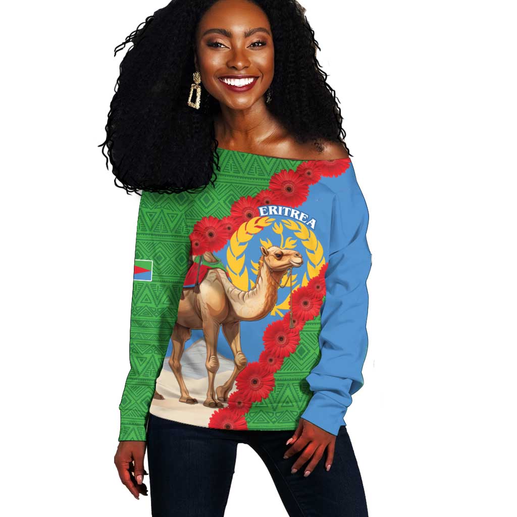 Personalised Eritrea Arabian Camel Off Shoulder Sweater Gerbera Flower - Flag Color LT15