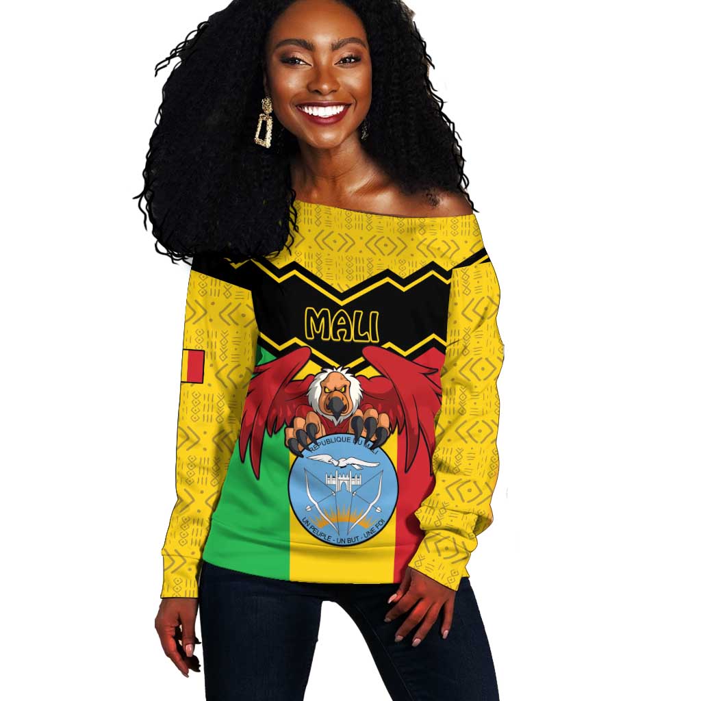 Personalized Afro Mali Vulture Off Shoulder Sweater Coat Of Arms - Bogolan Pattern LT15