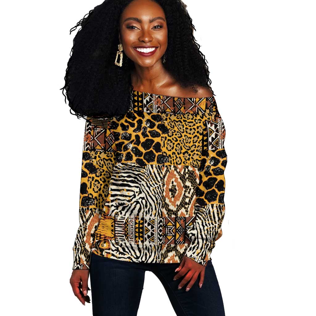Wild Animal Skins Off Shoulder Sweater African Tribal Pattern LT15