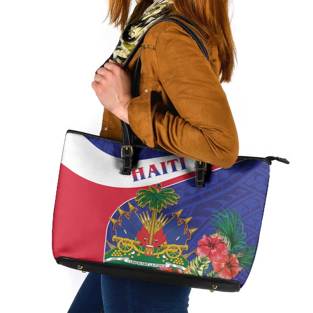 Haiti Leather Tote Bag Neg Marron Ayiti Map - Hibiscus Polynesian LT15