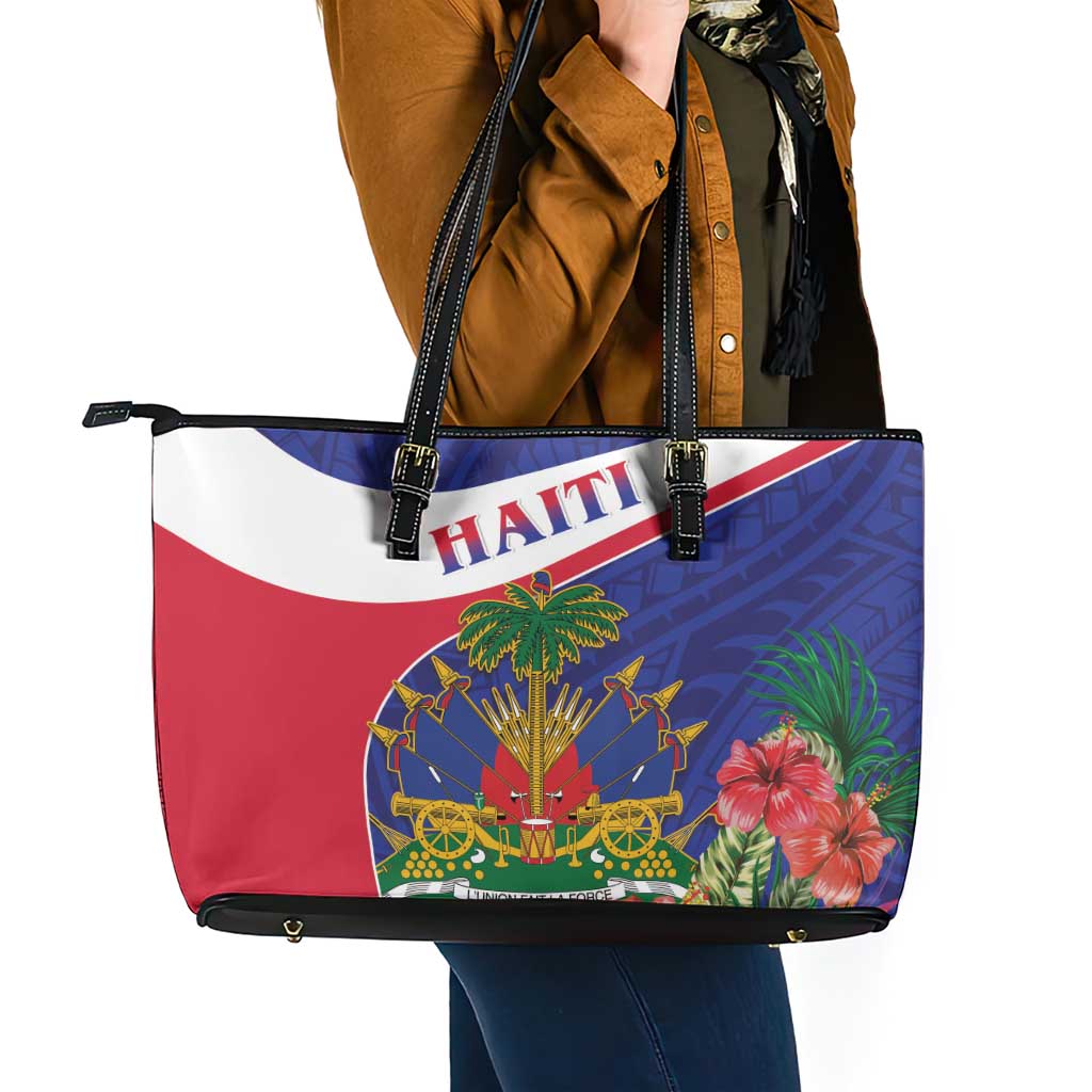 Haiti Leather Tote Bag Neg Marron Ayiti Map - Hibiscus Polynesian LT15